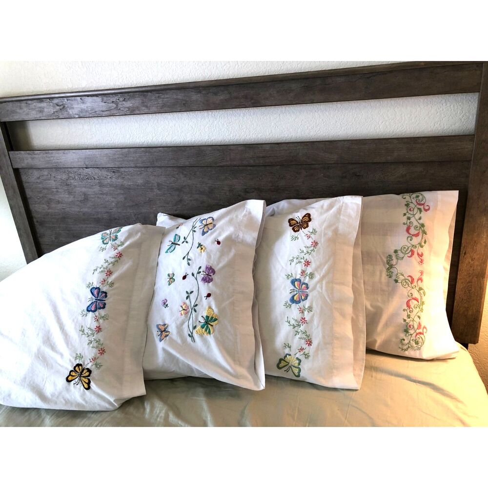 Vintage Hand Embroidered Pillowcases Lot 4 28x20 Butterfly Floral Haifangtex Set